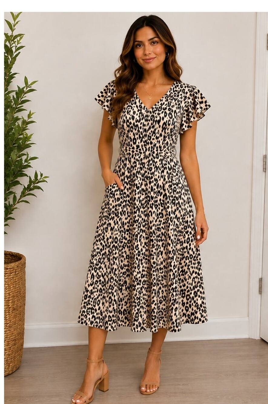 Sienna Sky Leopard Print Midi Dress Women's Medium Flutter Sleeve Tie Waist